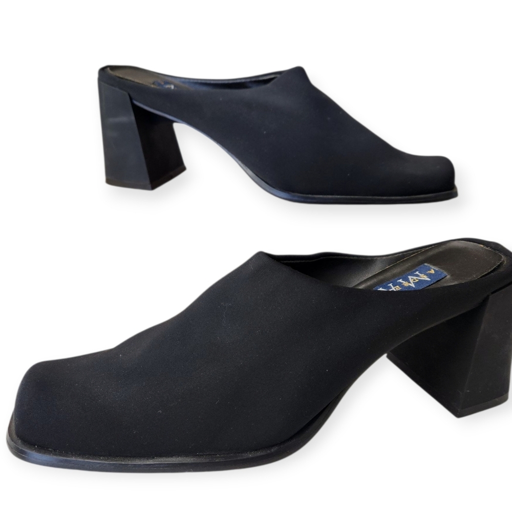 Andrew Geller 1990s Y2K Black Chunky Mules, Square Toe Open Back Size 8.5B